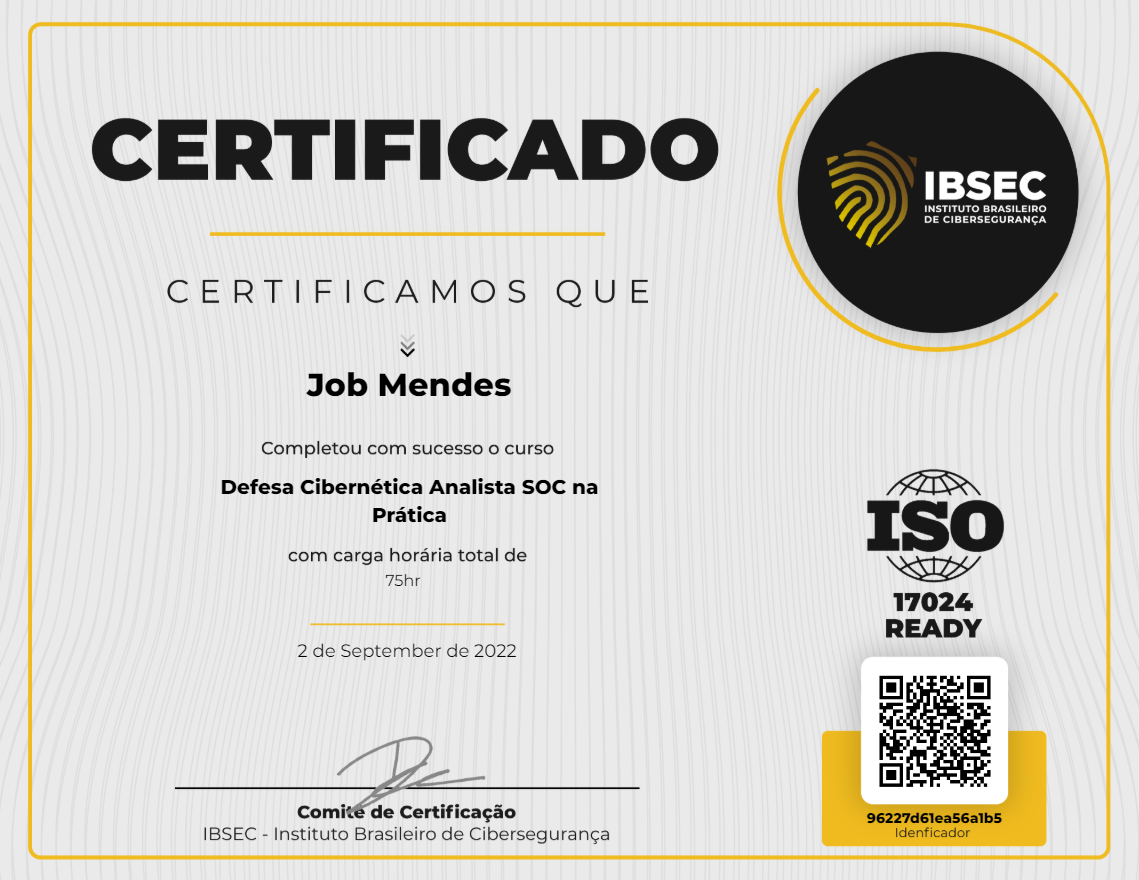 Certificado Defesa Cibernética Analista SOC na Prática
