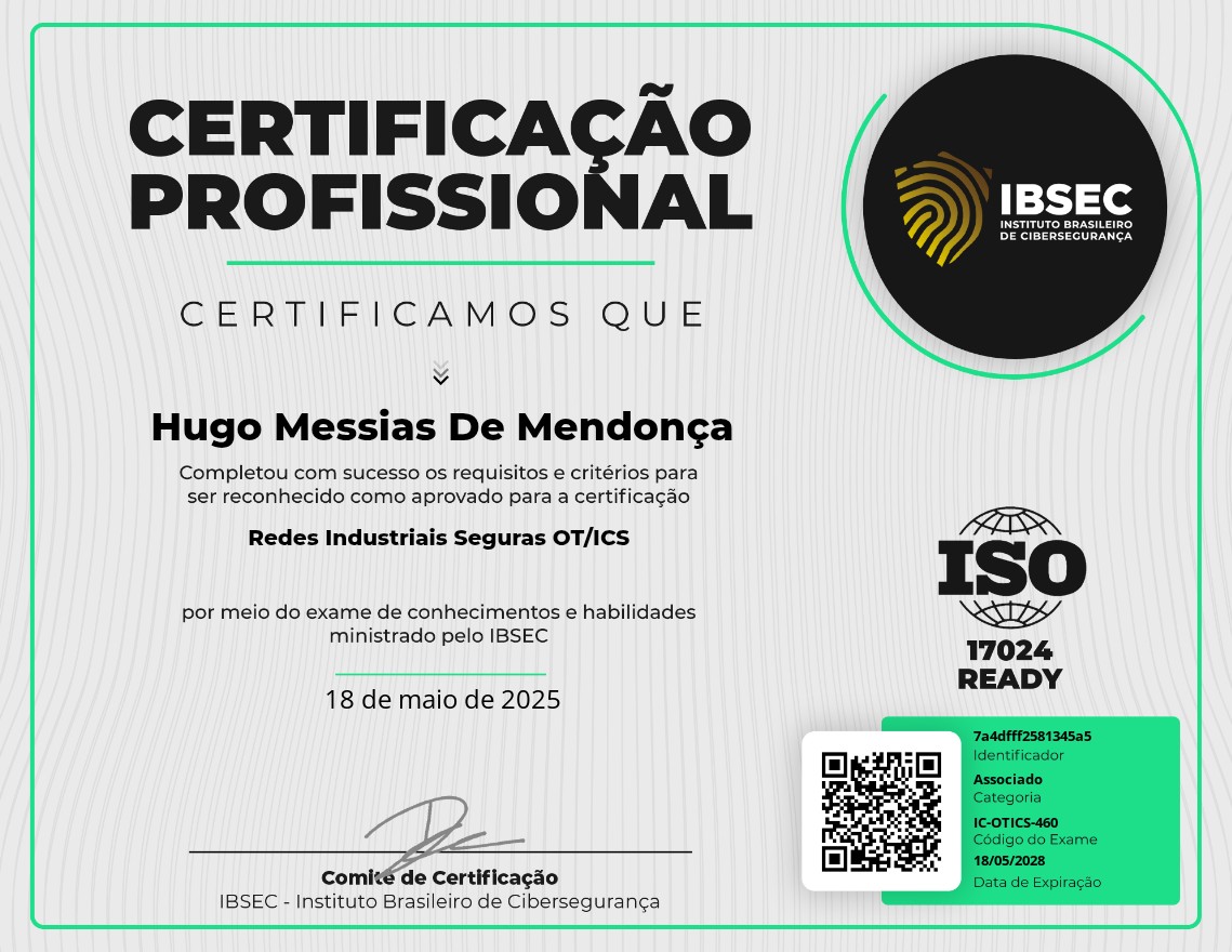 Certificado Redes Industriais Seguras OT/ICS