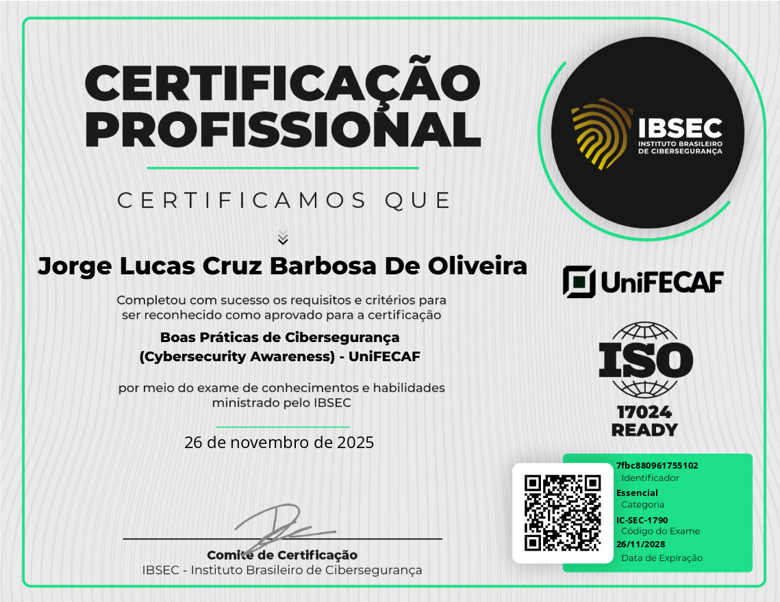 Certificado Boas Práticas de Cibersegurança (Cybersecurity Awareness) - UniFECAF