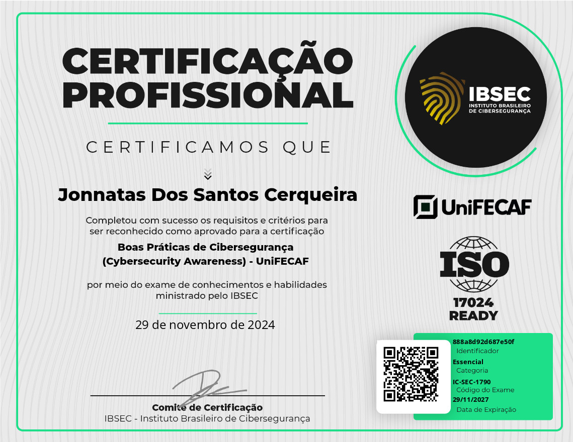 Certificado Boas Práticas de Cibersegurança (Cybersecurity Awareness) - UniFECAF