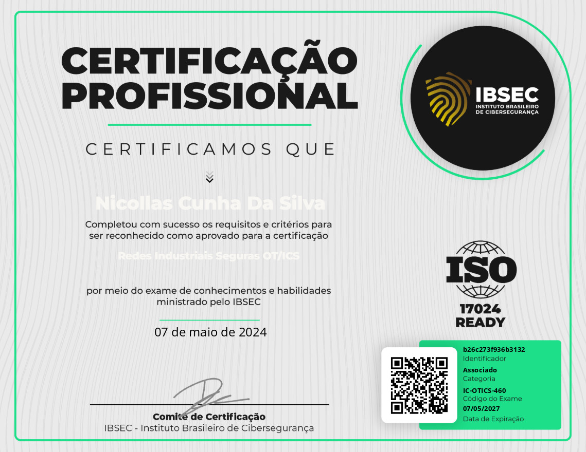 Certificado Redes Industriais Seguras OT/ICS
