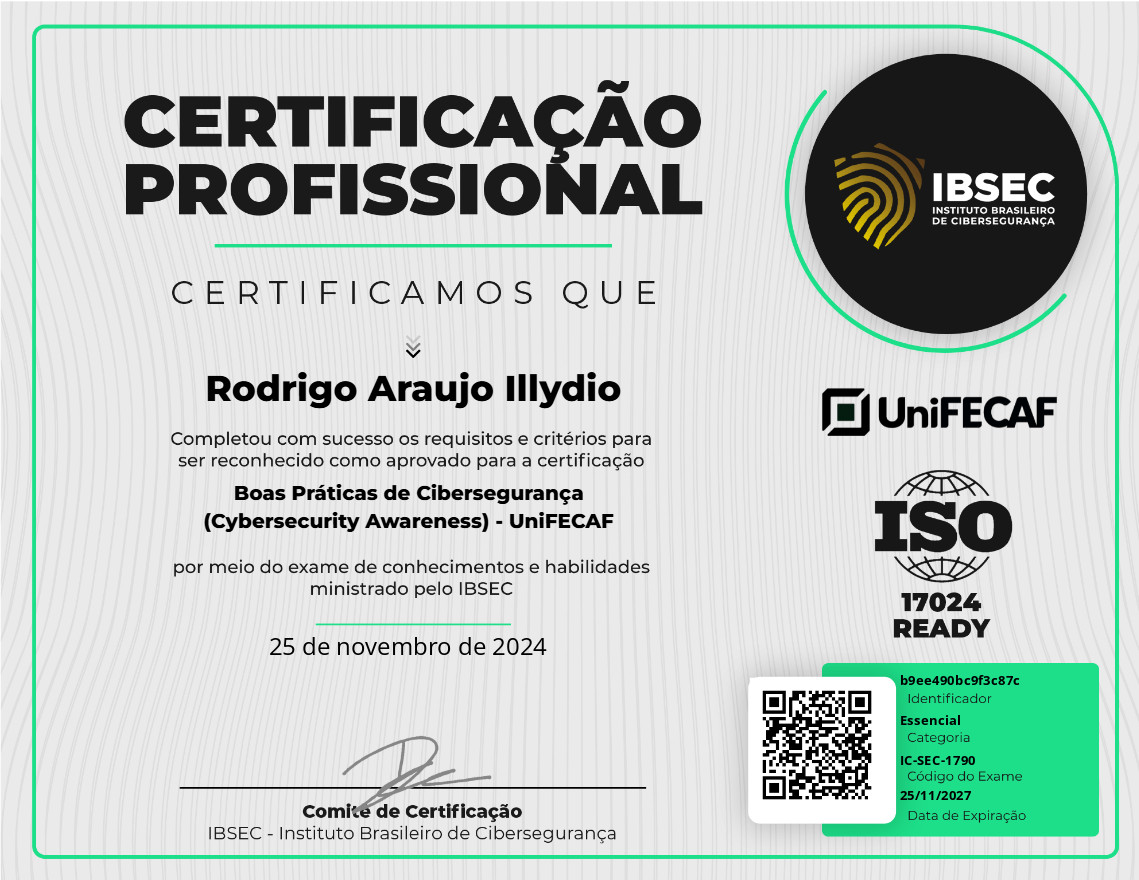 Certificado Boas Práticas de Cibersegurança (Cybersecurity Awareness) - UniFECAF