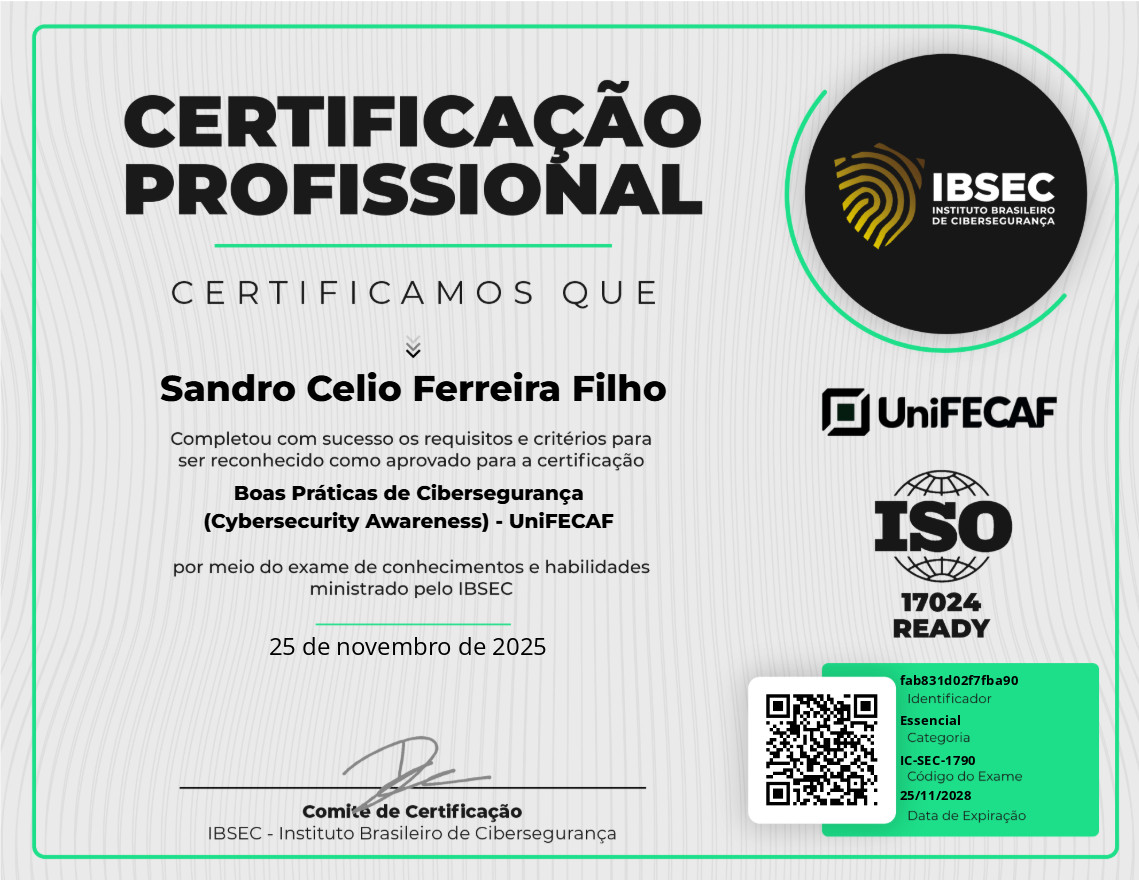 Certificado Boas Práticas de Cibersegurança (Cybersecurity Awareness) - UniFECAF