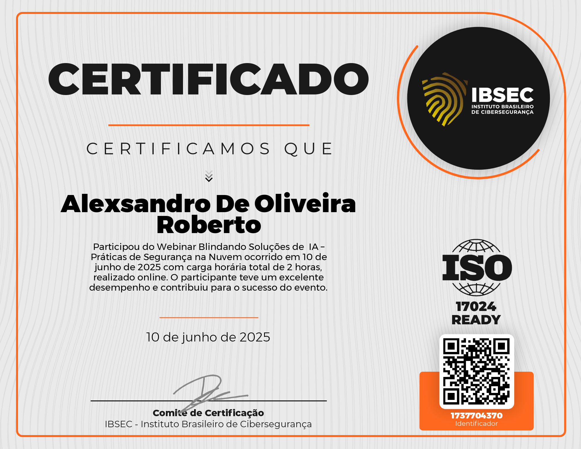 Certificado de Alexsandro De Oliveira Roberto