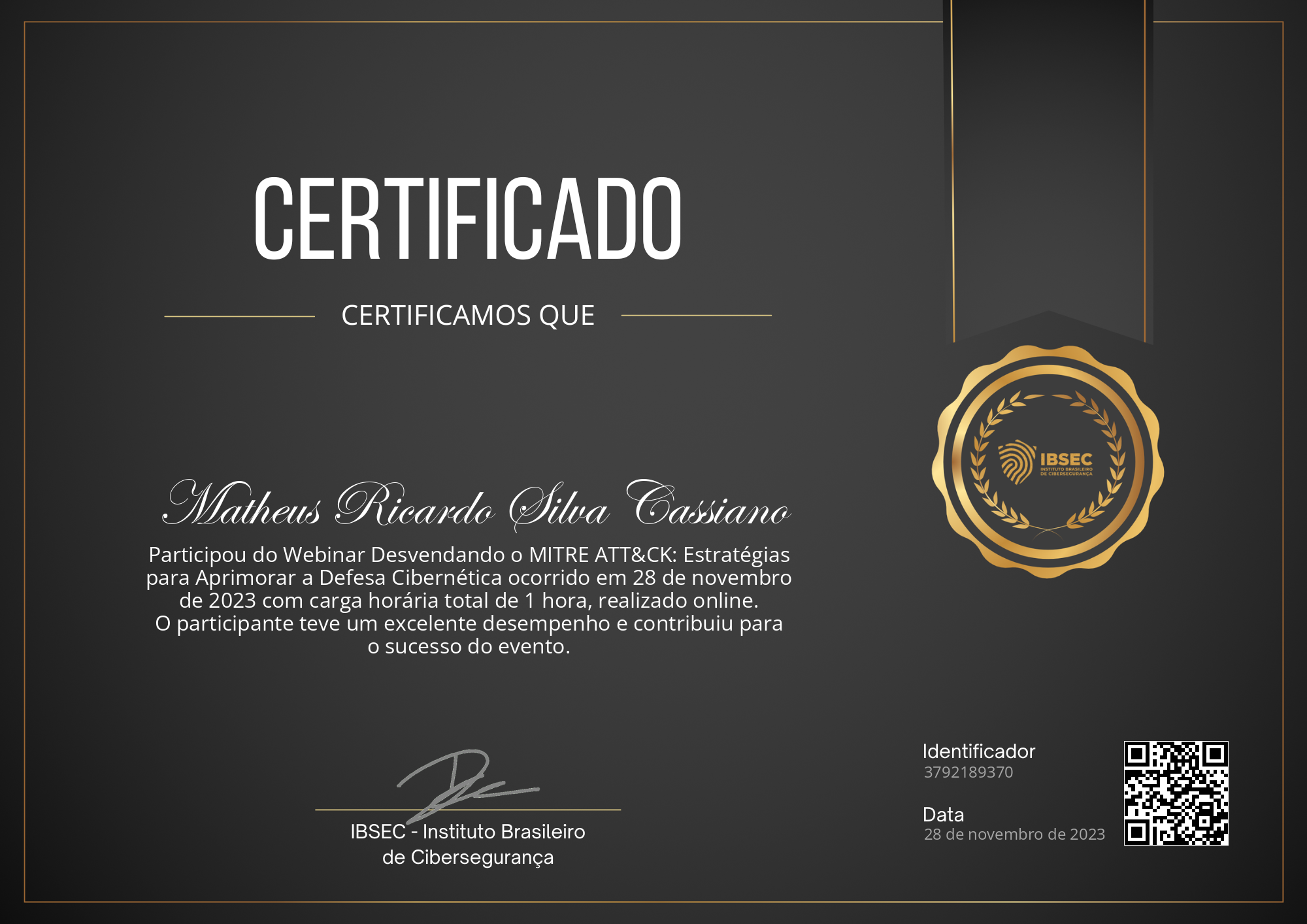 Certificado de Matheus Ricardo Silva Cassiano