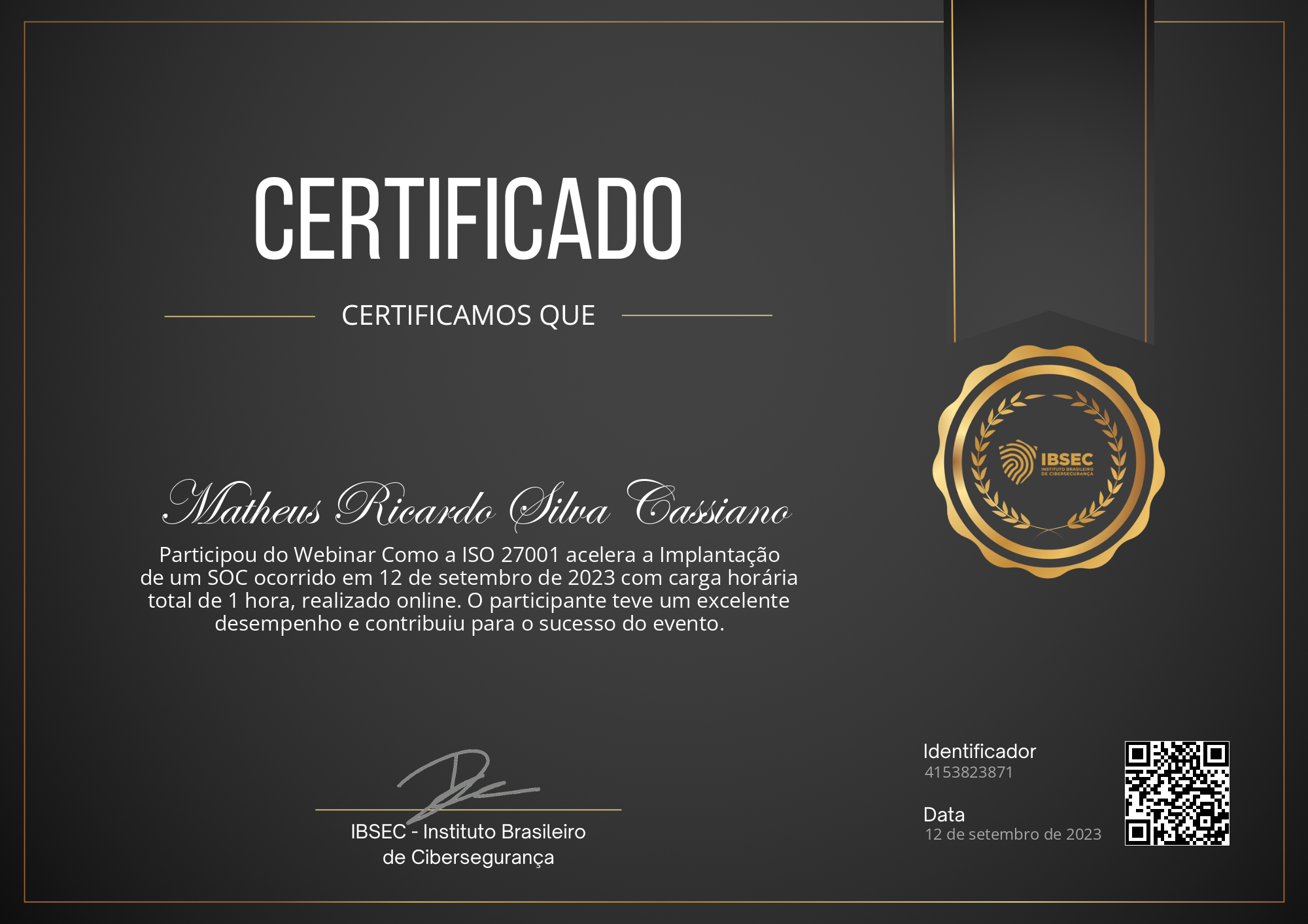 Certificado de Matheus Ricardo Silva Cassiano